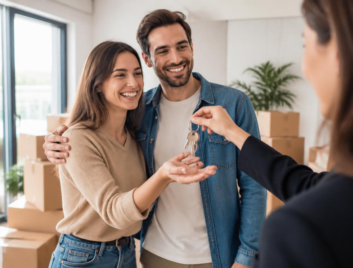 Casal recebendo as chaves do primeiro imóvel em um apartamento claro